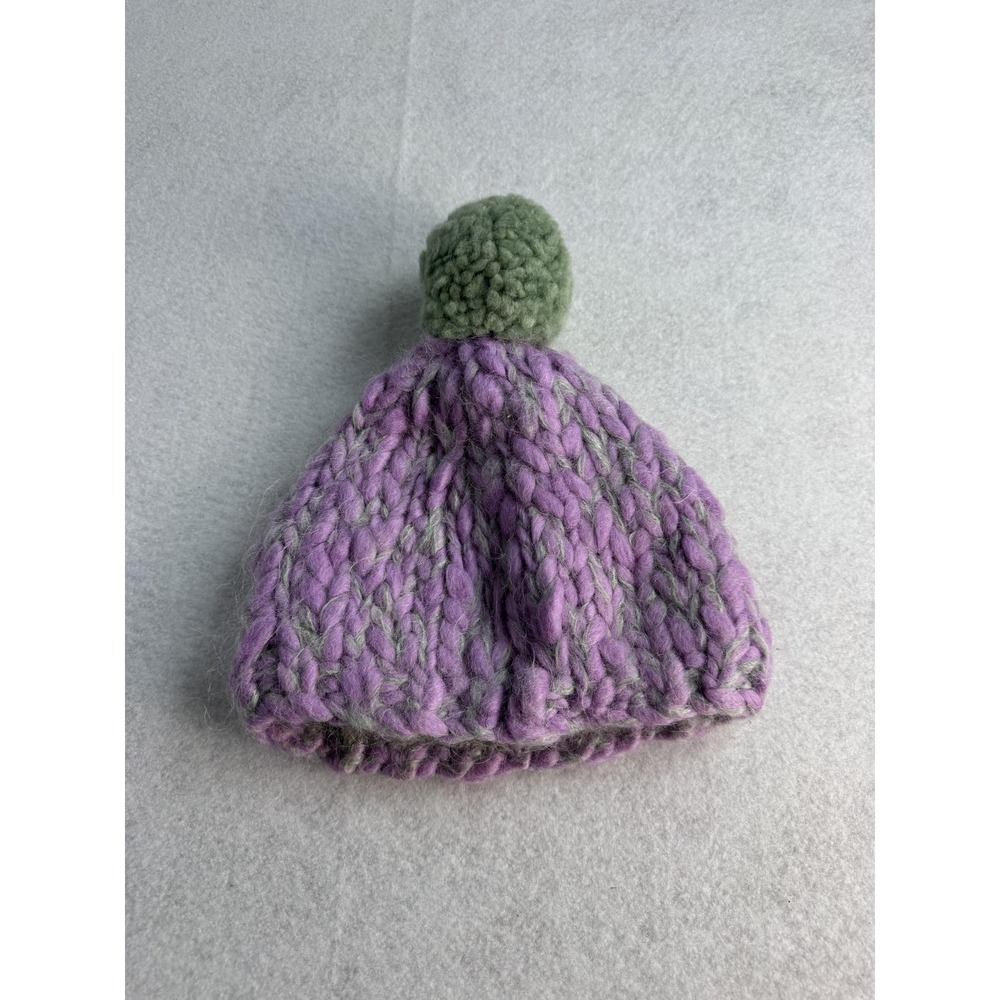 French Knot Bobble Hat‎ Women One Size Purple Green Wool Knit Lined Pom Winter